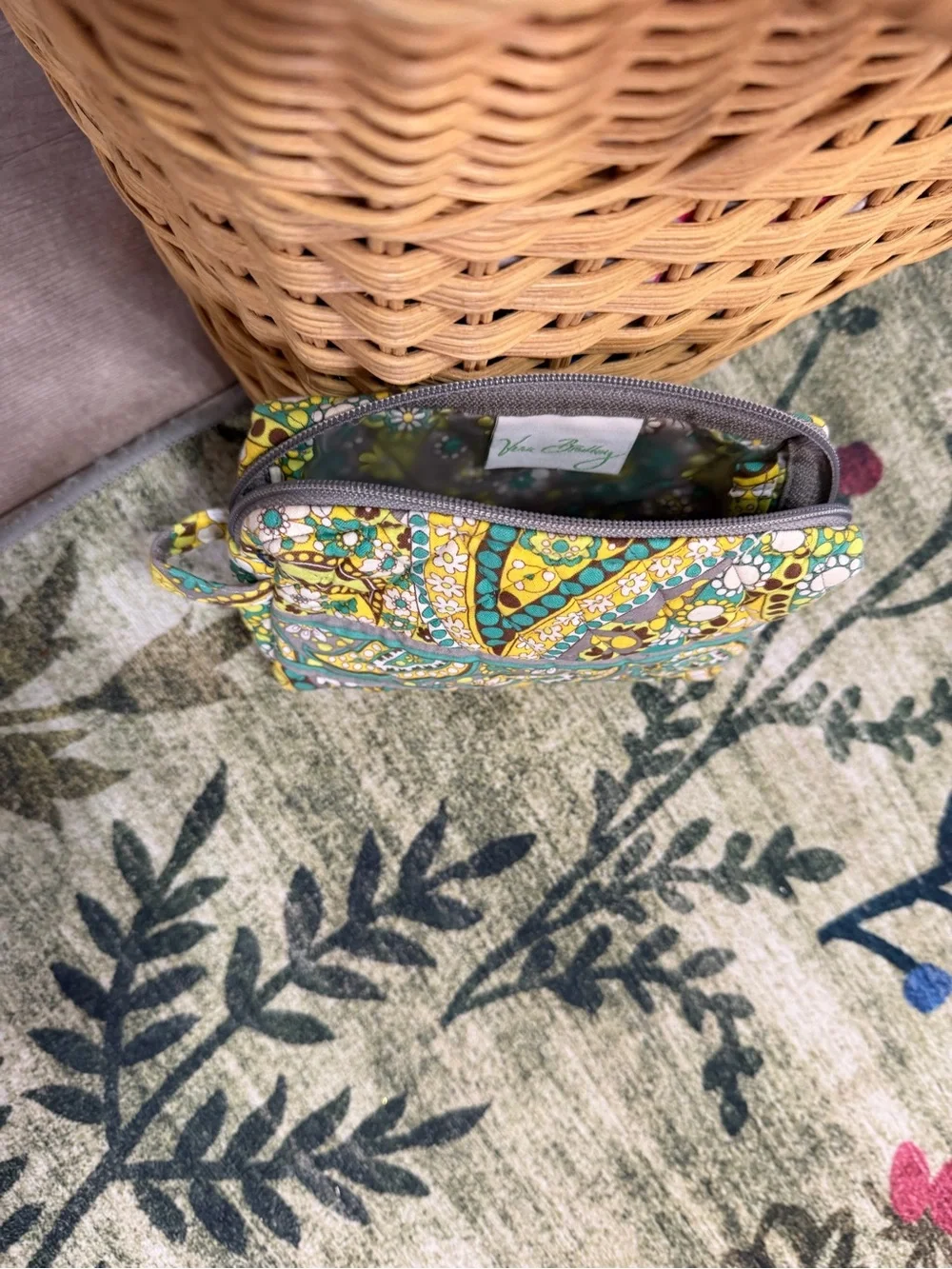 Vintage Vera Bradley Yellow Teal Paisley Quilted Zip Cosmetic Bag Pouch